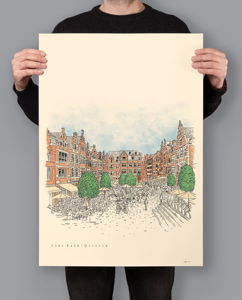 Poster featuring a detailed illustration of Leuven’s iconic square Oude Markt, with the text “Oude Markt • Leuven” on a cream background.