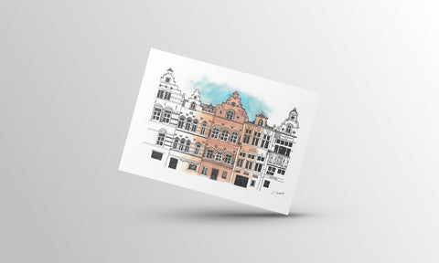 a postcards featuring urban sketches of Leuven’s landmarks.