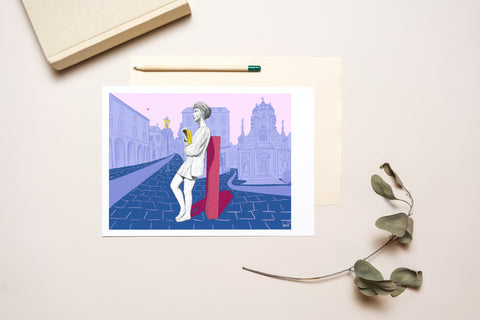 A beautifully illustrated postcard featuring the Renée statue in Leuven, symbolizing the hardworking female students of the city. Part of a series celebrating Leuven’s renowned female statues. Printed on high-quality American Bristol paper and includes a matching envelope, perfect for mailing, gifting, or collecting.