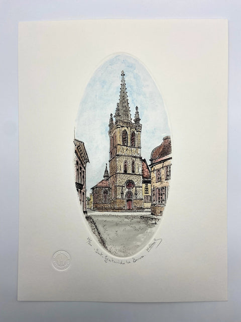 Limited-edition etching of Sint-Geertruikerk in Leuven by Belgian artist André Wellens. Handmade using traditional acid etching on eco-friendly paper. A rare collector’s piece, individually signed and numbered, with no reprints available. Perfect gift for architecture and fine art lovers.