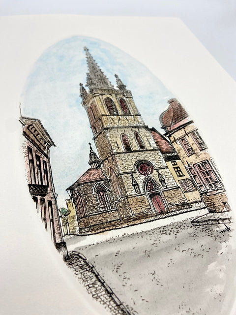 Limited-edition etching of Sint-Geertruikerk in Leuven by Belgian artist André Wellens. Handmade using traditional acid etching on eco-friendly paper. A rare collector’s piece, individually signed and numbered, with no reprints available. Perfect gift for architecture and fine art lovers.