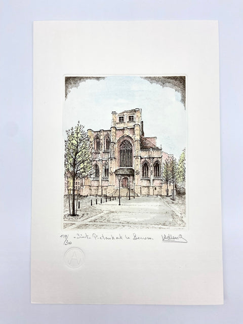 Limited-edition etching of St Pieterskerk in Leuven by Belgian artist André Wellens. Handmade using traditional acid etching on eco-friendly paper. A rare collector’s piece, individually signed and numbered, with no reprints available. Perfect gift for architecture and fine art lovers.