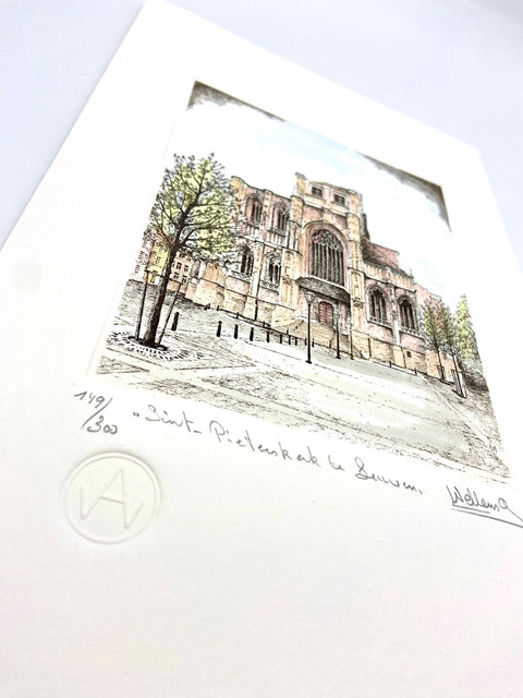 Limited-edition etching of St Pieterskerk in Leuven by Belgian artist André Wellens. Handmade using traditional acid etching on eco-friendly paper. A rare collector’s piece, individually signed and numbered, with no reprints available. Perfect gift for architecture and fine art lovers.