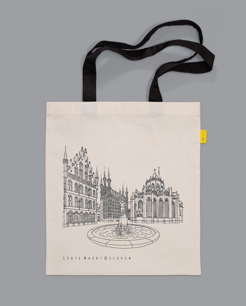 Leuven Grote Markt Tote bag -Handmade from natural cotton canvas- Durable- Screen-printed