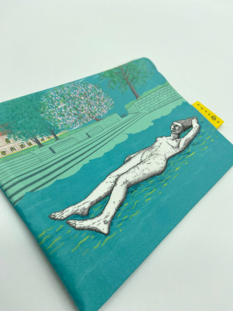 Handmade zipper pouch featuring screen-printed illustrations of famous female statues in Leuven, including Fiere Margriet. Lined interior and perfect for everyday essentials.