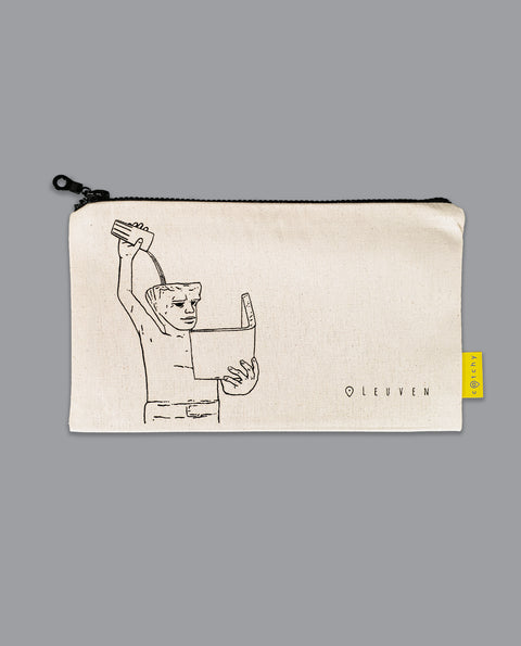 The canvas zipper pouch features a minimalist line drawing of the Fonske statue in Leuven, with "Leuven" and Catchy branding.