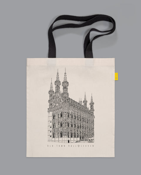 Canvas tote bag with black handles featuring a line art illustration of Leuven’s  historical Old Town Hall.  